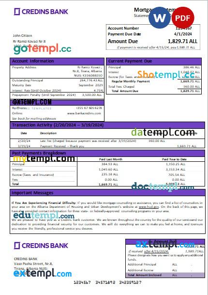 Bosnia and Herzegovina BBI Bank bank mortgage statement, editable template in PDF and Word