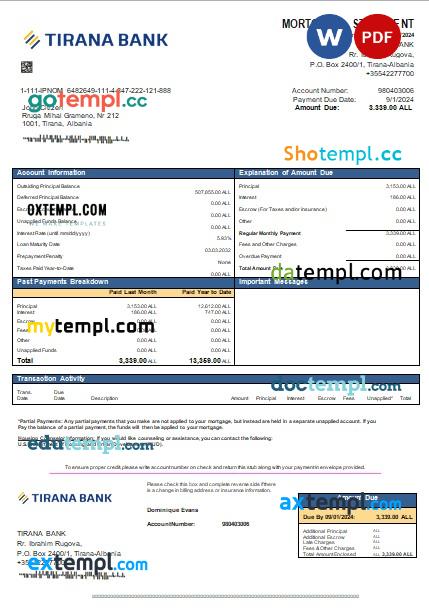 Belize Belizebank bank mortgage statement, editable template in PDF and Word