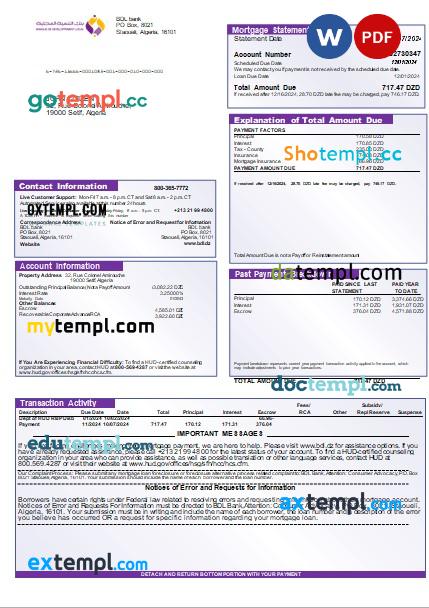 Benin Bank of Africa bank mortgage statement, editable template in PDF and Word