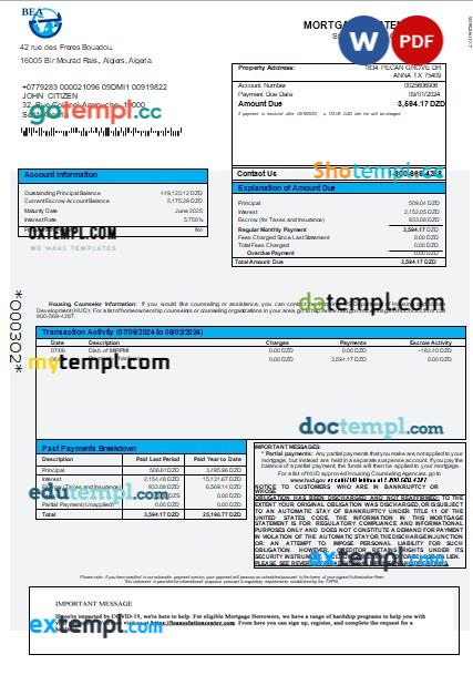 Algeria Banque exterieure d’Algerie bank mortgage statement, 3 pages, editable template in PDF and Word