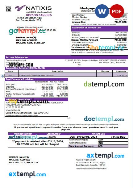 Algeria Natixis Algerie bank mortgage statement, editable template in PDF and Word