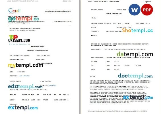 Amadeus + TAP Portugal airplane e-ticket, Word and PDF download template, 3 pages