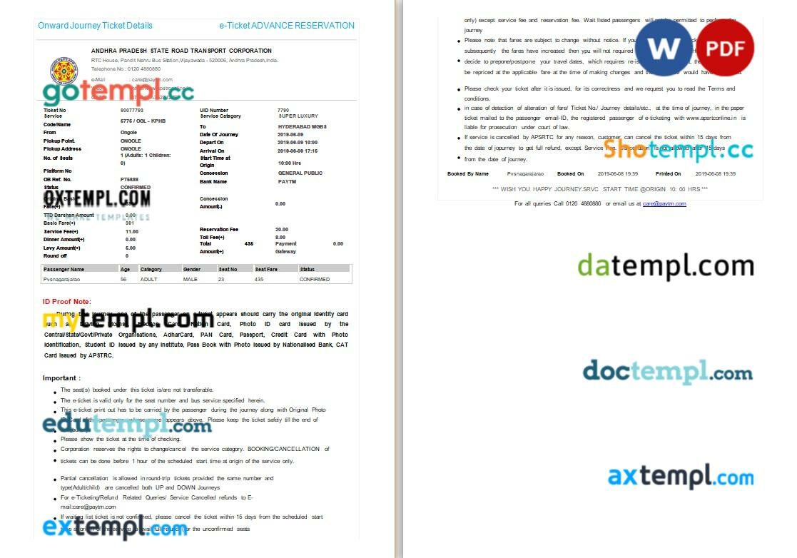 Andhra Pradesh State Road Transport Corporation bus e-ticket, Word and PDF download template, 2 pages