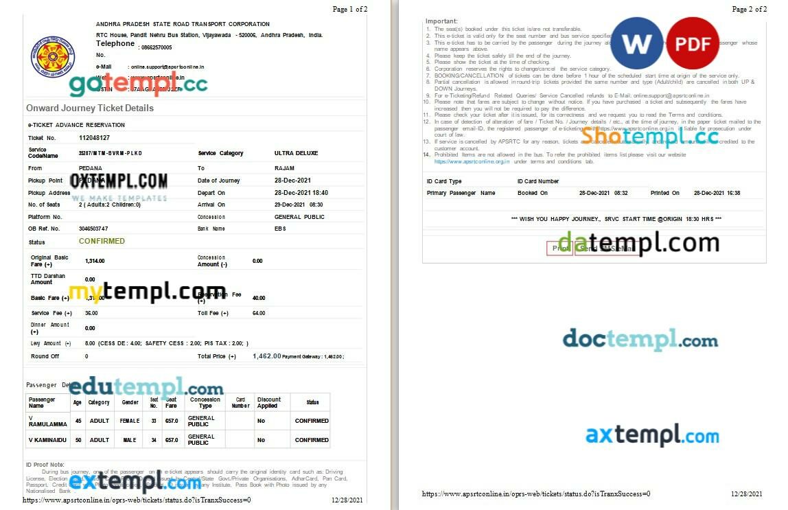 Andhra Pradesh State Road Transport Corporation bus e-ticket, Word and PDF download template, 2 pages, version 2