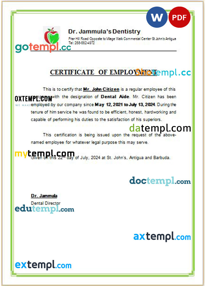 Antigua Dr. Jammula’s Dentistry certificate of employment Word and PDF download template