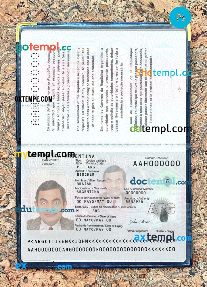 Argentina passport editable PSD files, 2 in 1, scan and photo look templates, 2022-present