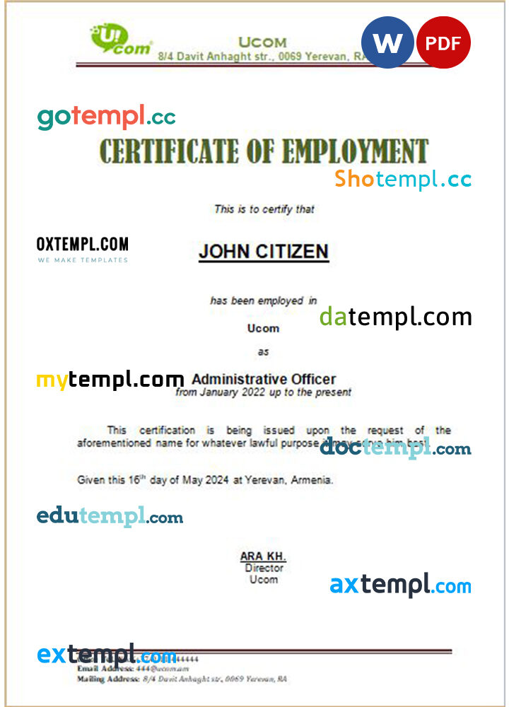 Armenia Ucom certificate of employment Word and PDF download template