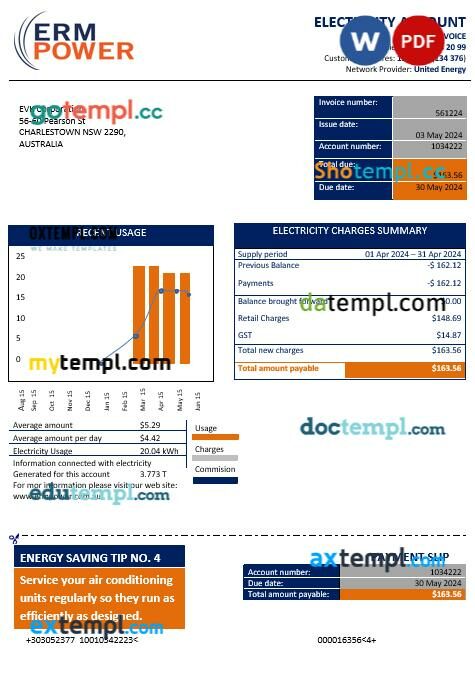 Australia ERM Power electricity proof of address business utility bill template in Word and PDF formats