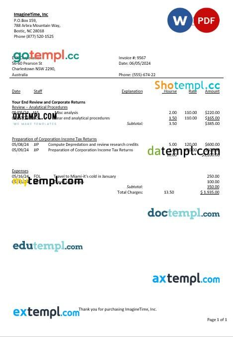 Australia Imagine Time business utility bill template in Word and PDF formats