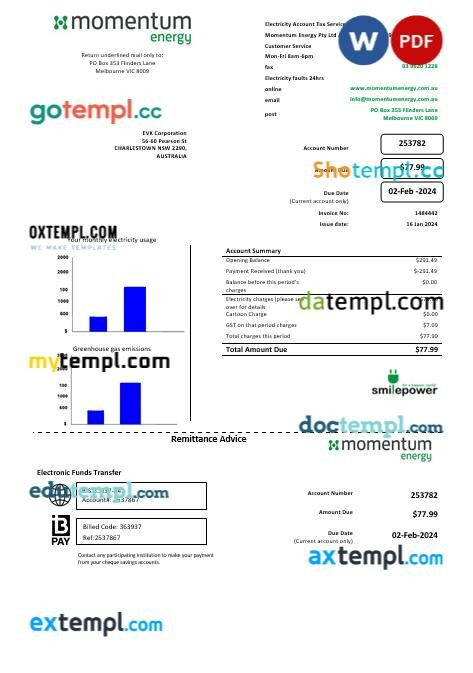 Australia Momentum Energy business utility bill template in Word and PDF formats