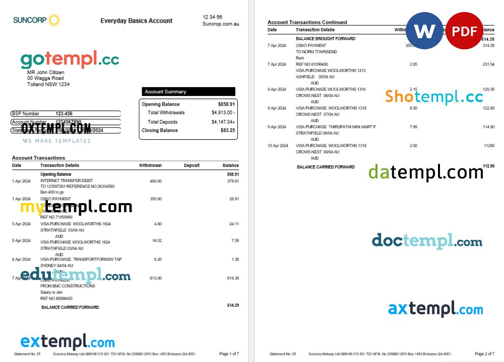 Australia Suncorp Bank statement Word and PDF template, 7 pages