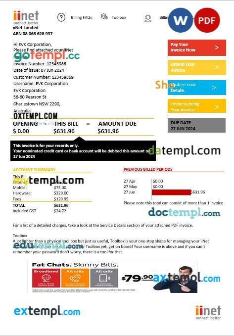 Australia iiNet business utility bill template in Word and PDF formats