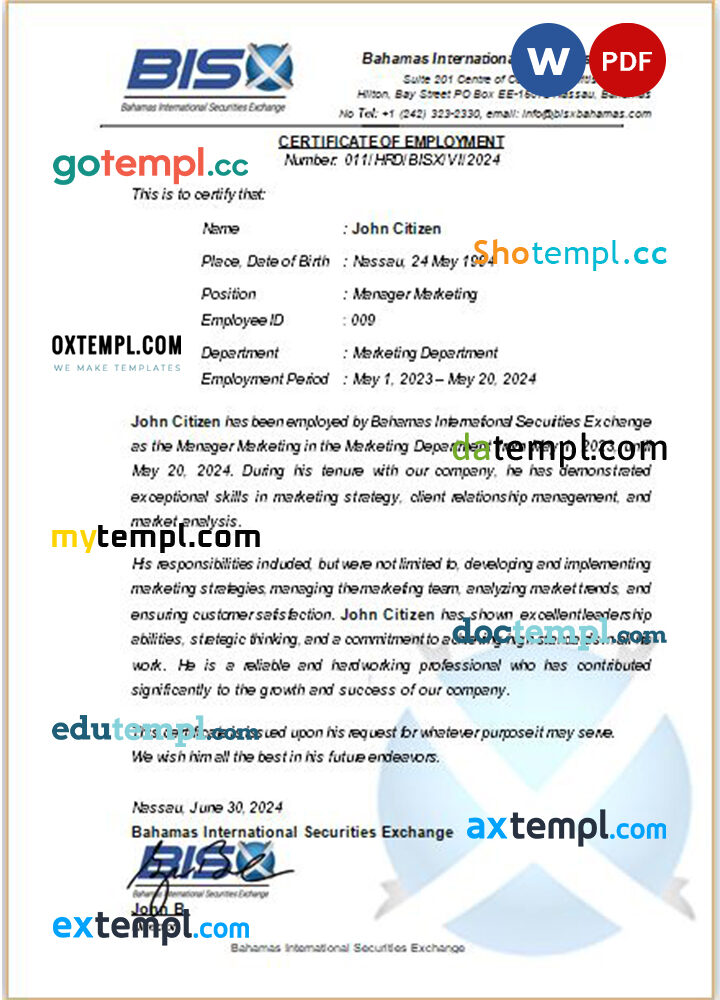 Bahamas International Securities Exchange certificate of employment Word and PDF download template