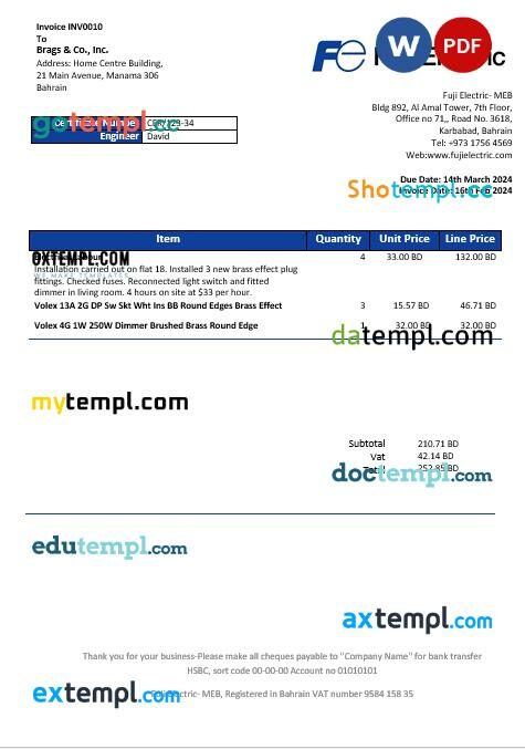Bahrain Falcon Electrical S.P.C electricity business utility bill template in Word and PDF formats