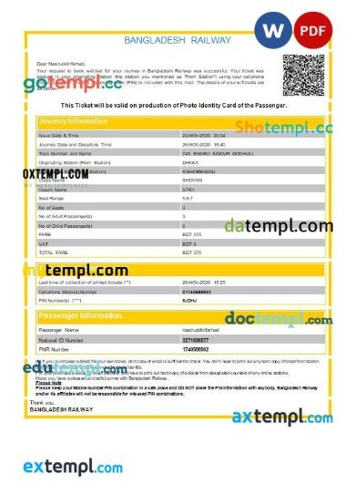 Bangladesh Railway train e-ticket, Word and PDF download template