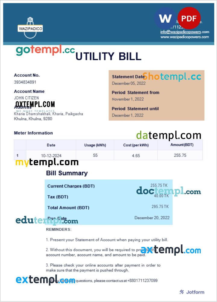 Bangladesh Wazipadico Power business utility bill Word and PDF template