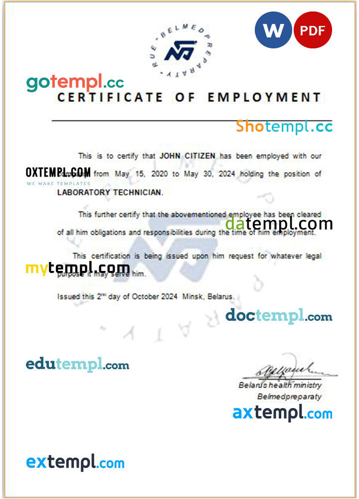 Belarus Belmedpreparaty certificate of employment Word and PDF download template