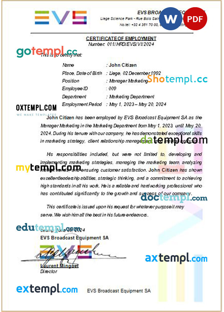 Belgium EVS Broadcast Equipment certificate of employment Word and PDF download template