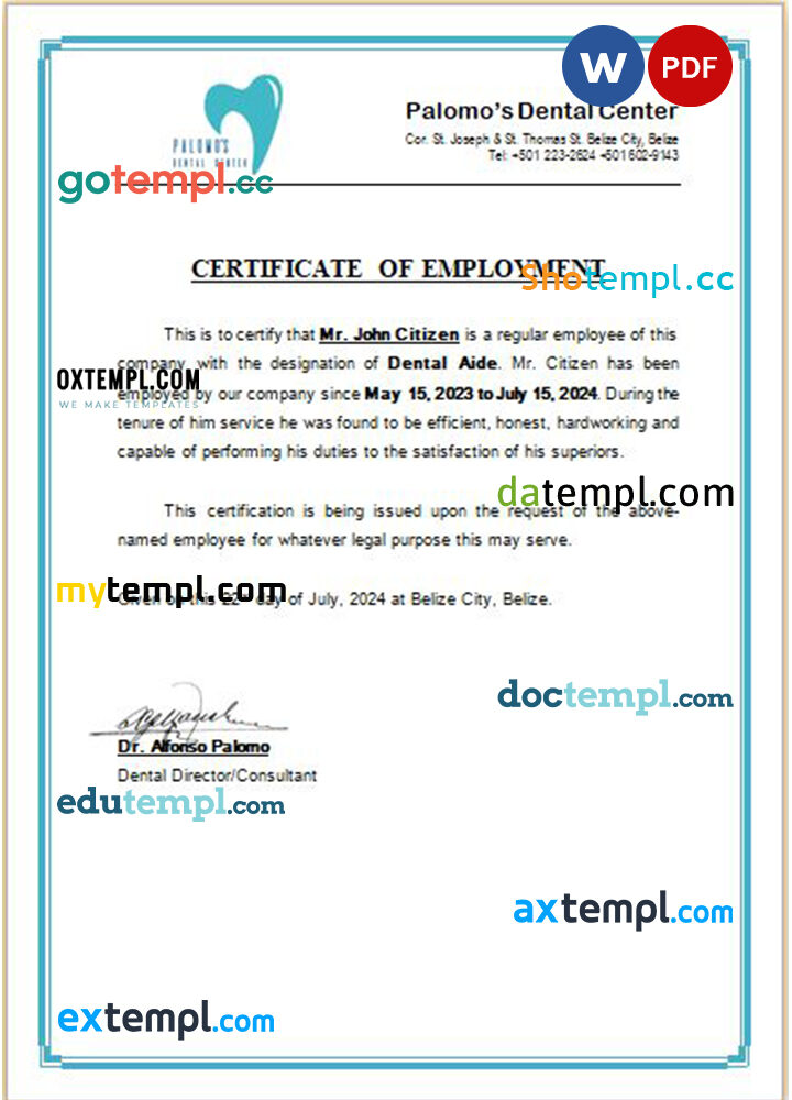 Belize Palomo’s Dental Center certificate of employment Word and PDF download template