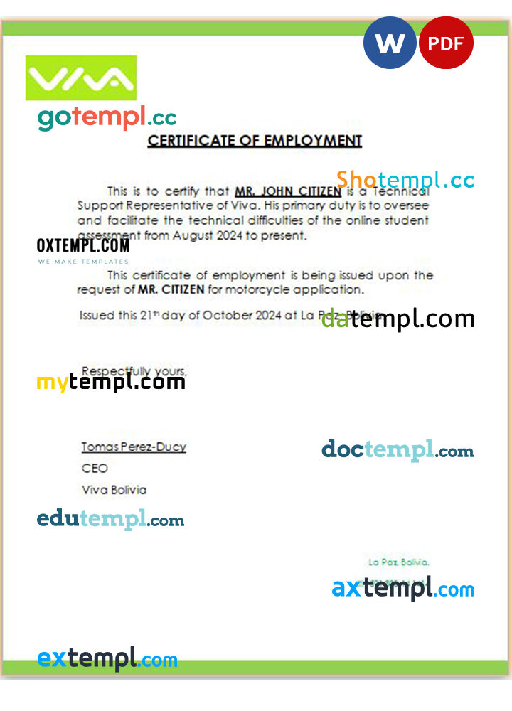 Bolivia Viva certificate of employment Word and PDF download template