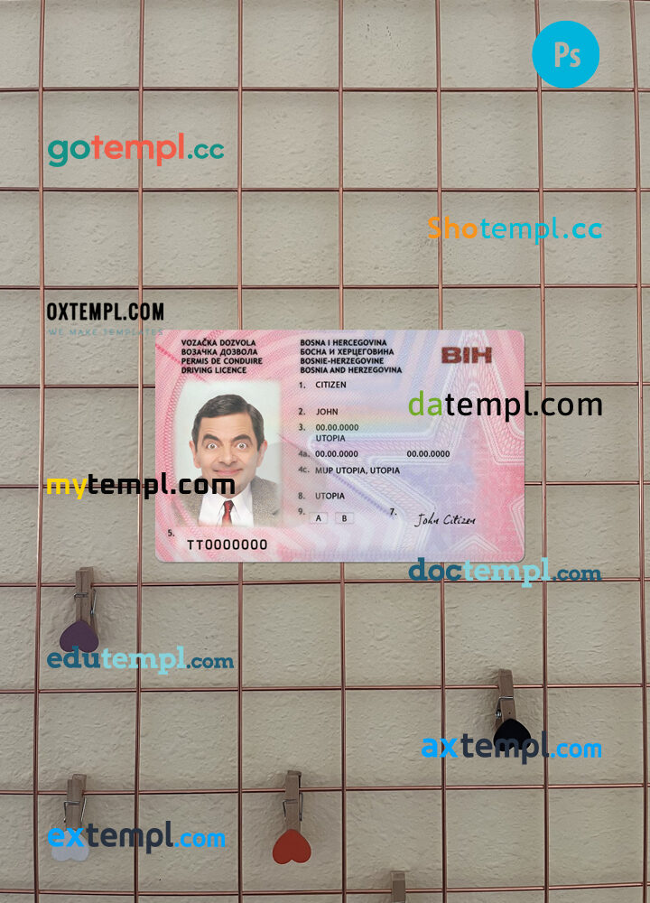 Bosnia and Herzegovina driving license editable PSD files, scan look and photo-realistic look, 2 in 1, version 2