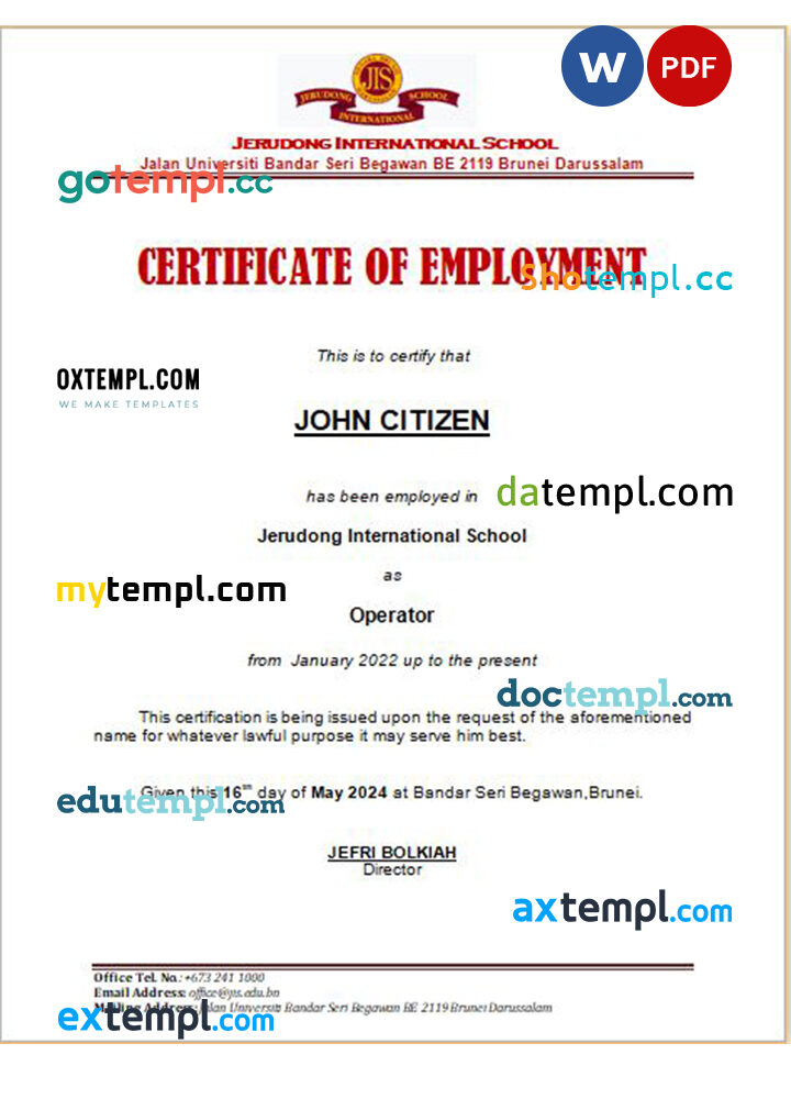 Brunei Jerudong International School certificate of employment Word and PDF download template