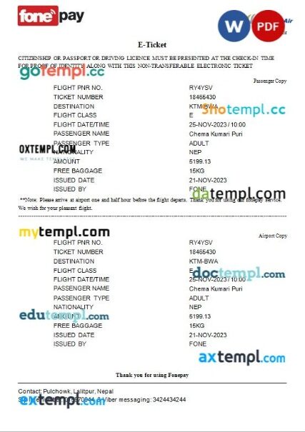 MakeMyTrip – Thai Airways Intl airplane e-ticket, Word and PDF download template, 3 pages