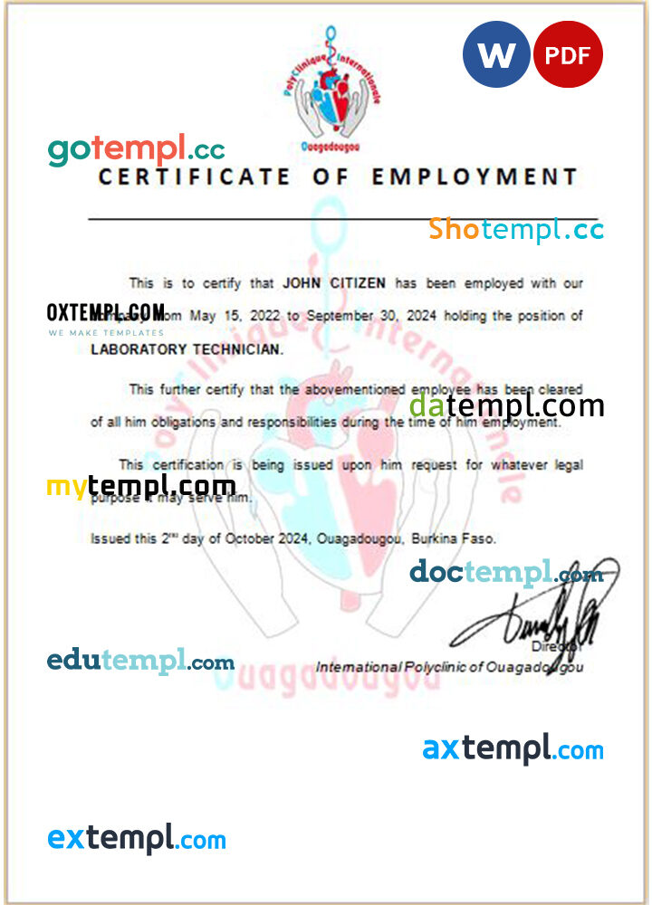 Burkina Faso International Polyclinic of Ouagadougou certificate of employment Word and PDF download template