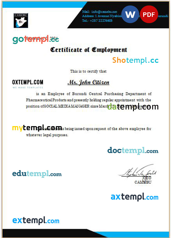 Burundi CAMEBU certificate of employment Word and PDF download template