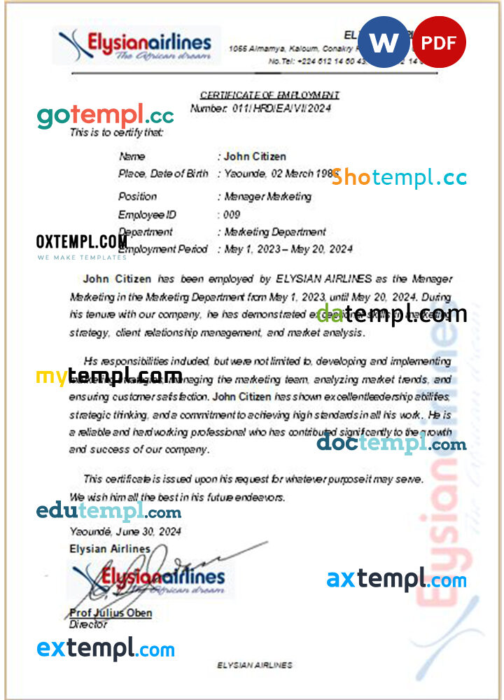 Cameroon Elysian Airlines certificate of employment Word and PDF download template