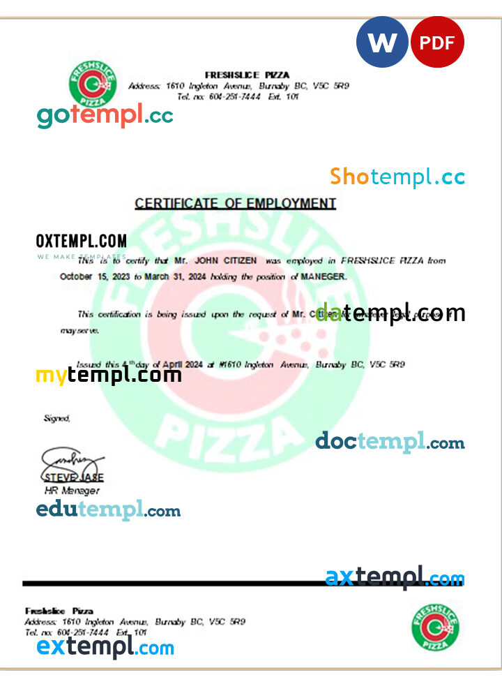 Canada Freshslice Pizza certificate of employment Word and PDF download template