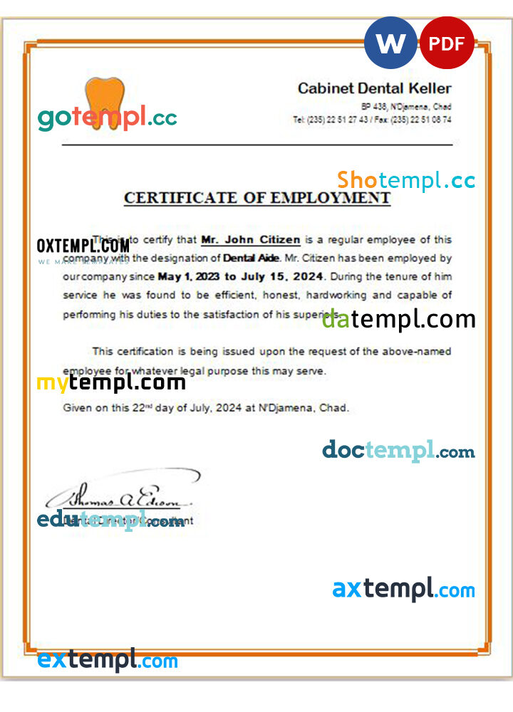 Chad Cabinet Dental Keller certificate of employment Word and PDF download template