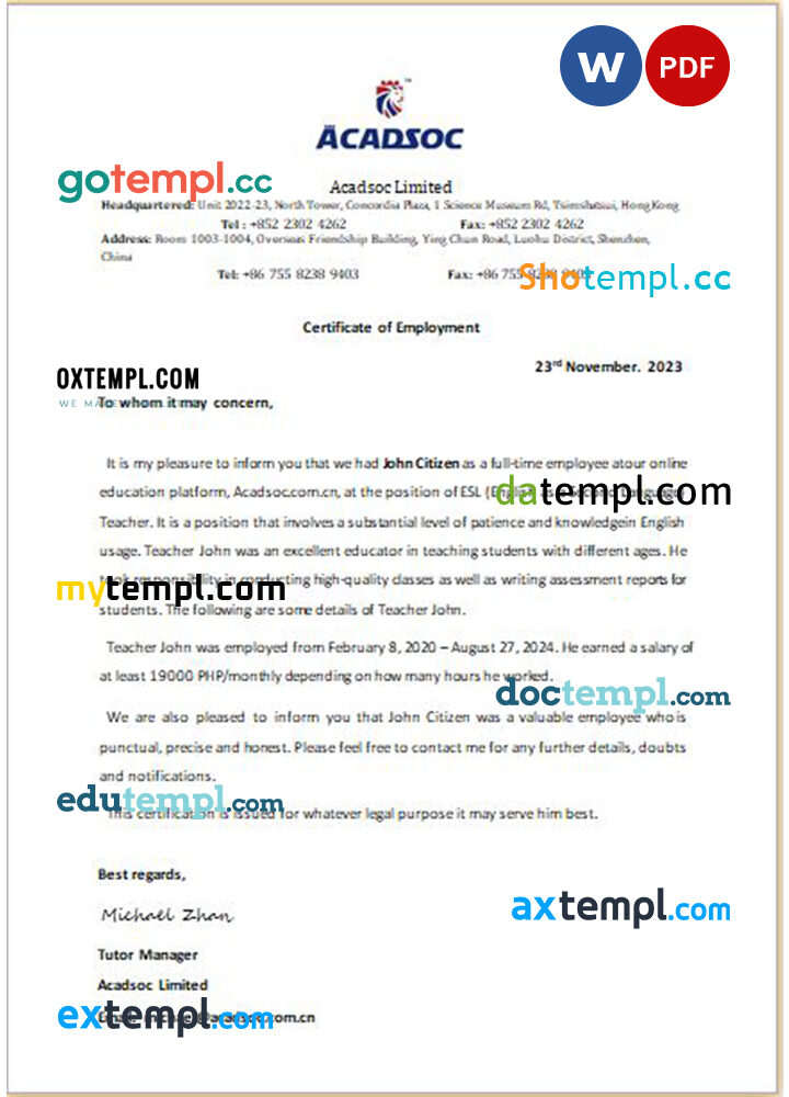 China Acadsoc Limited certificate of employment Word and PDF download template