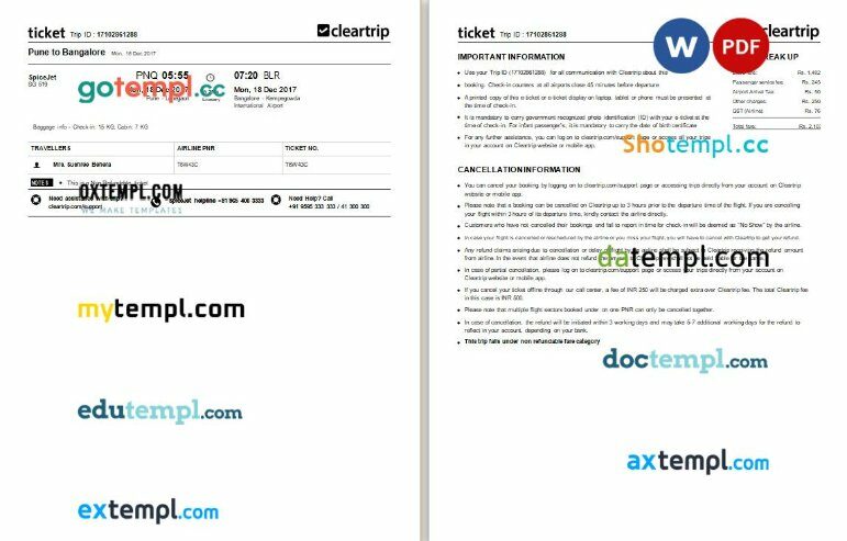 Cleartrip – SpiceJet airplane e-ticket, Word and PDF download template, 3 pages