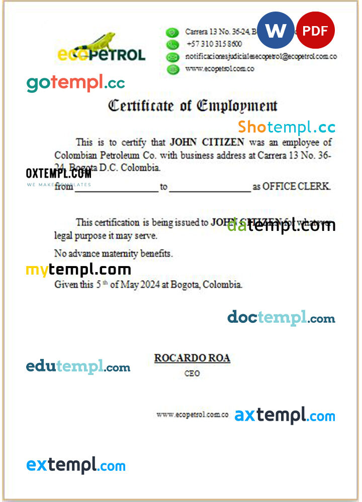 Colombia Ecopetrol certificate of employment Word and PDF download template