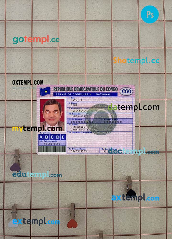 Congo driving license editable PSD files, scan look and photo-realistic look, 2 in 1, version 3