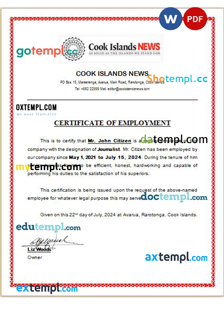 Cook Islands News certificate of employment Word and PDF download template