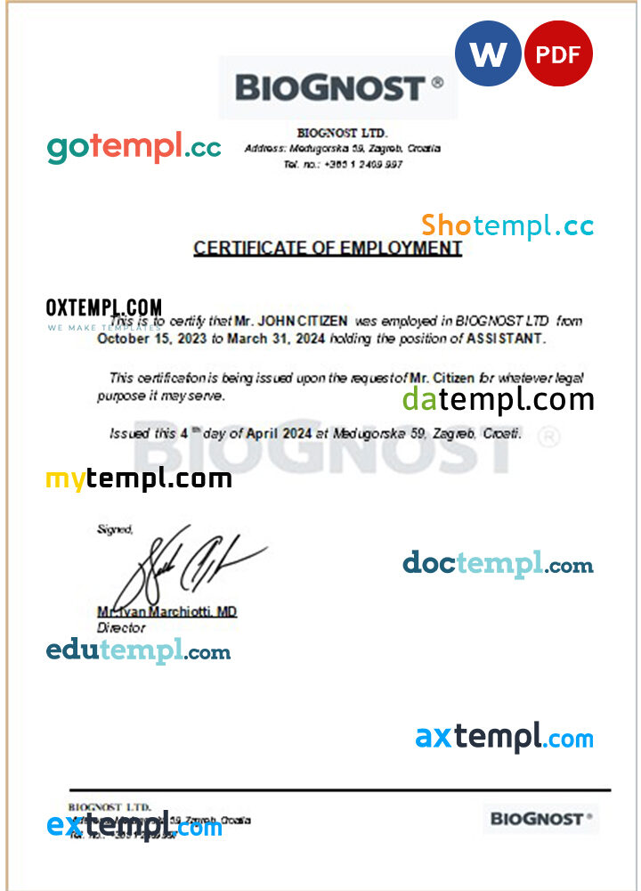 Croatia Bio Gnost Ltd certificate of employment Word and PDF download template