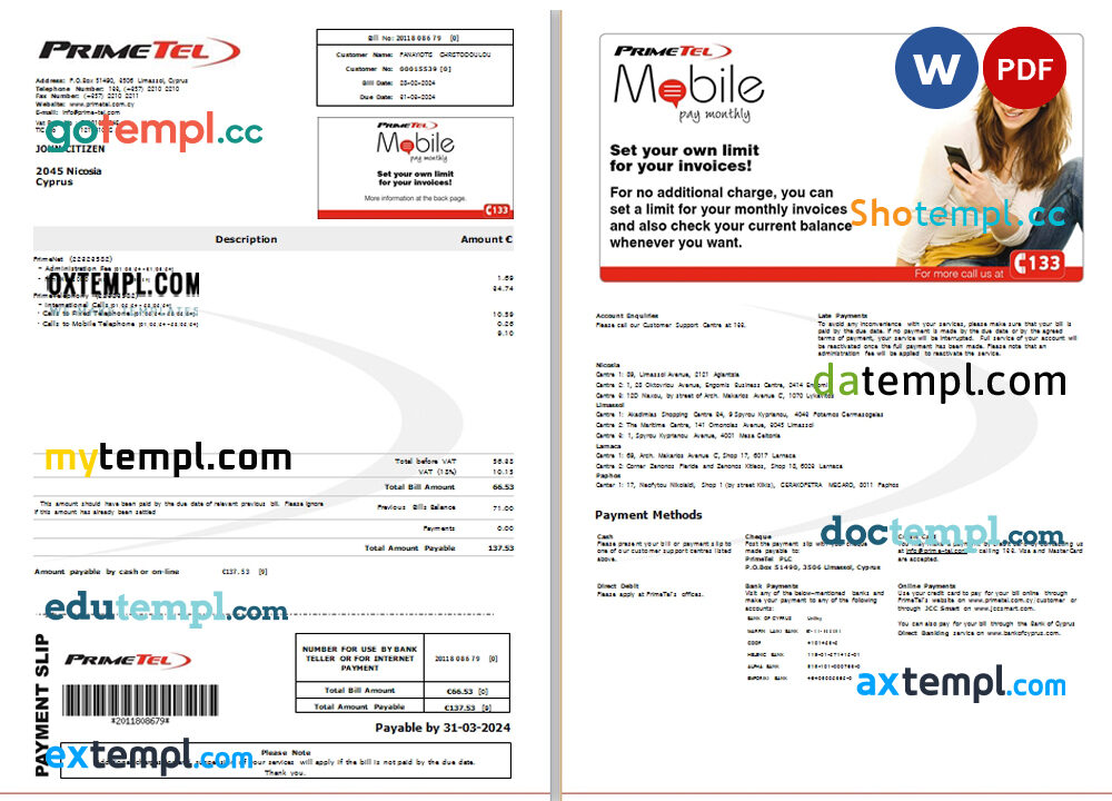 Cyprus Primetel utility bill Word and PDF template, 2 pages