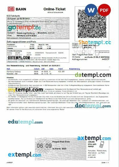 DB Bahn train e-ticket, Word and PDF download template