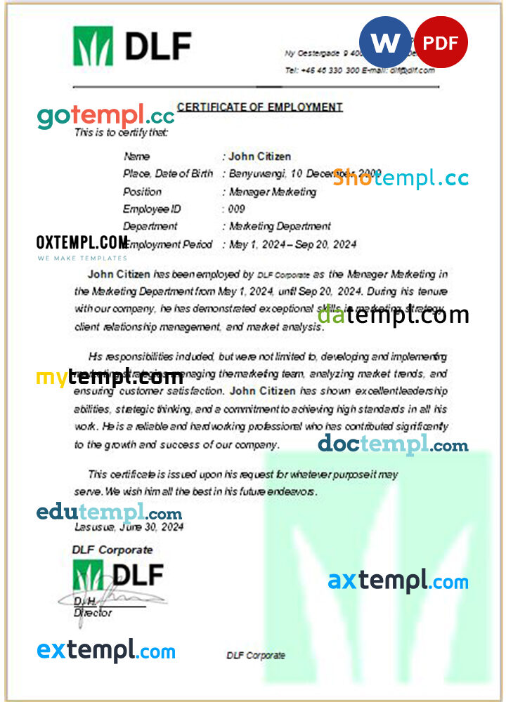 Denmark DLF Corporate certificate of employment Word and PDF download template