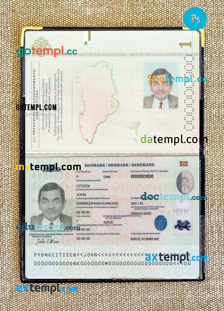 Denmark passport editable PSD files, scan and photo look templates, 2 in 1, 2022-present