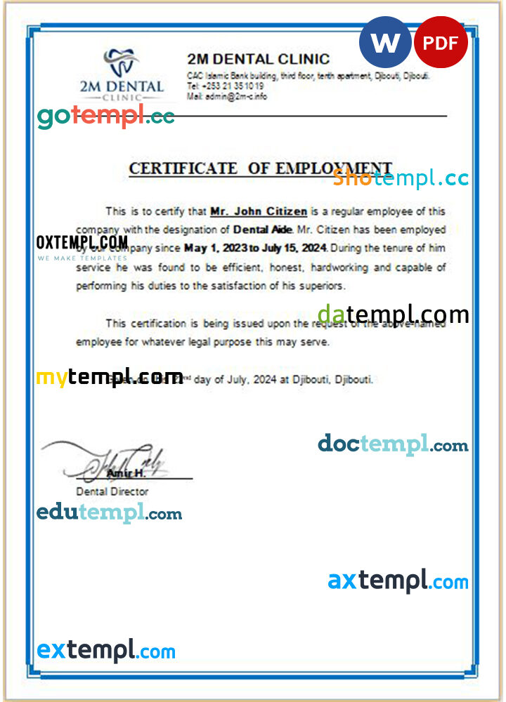 Djibouti 2M Dental Clinic certificate of employment Word and PDF download template