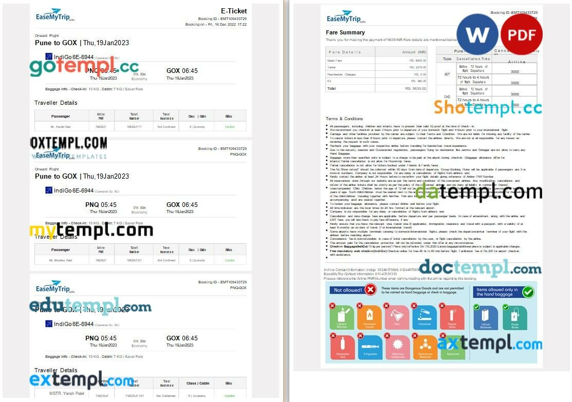 EaseMyTrip – IndiGo airplane e-ticket, Word and PDF download template, 2 pages