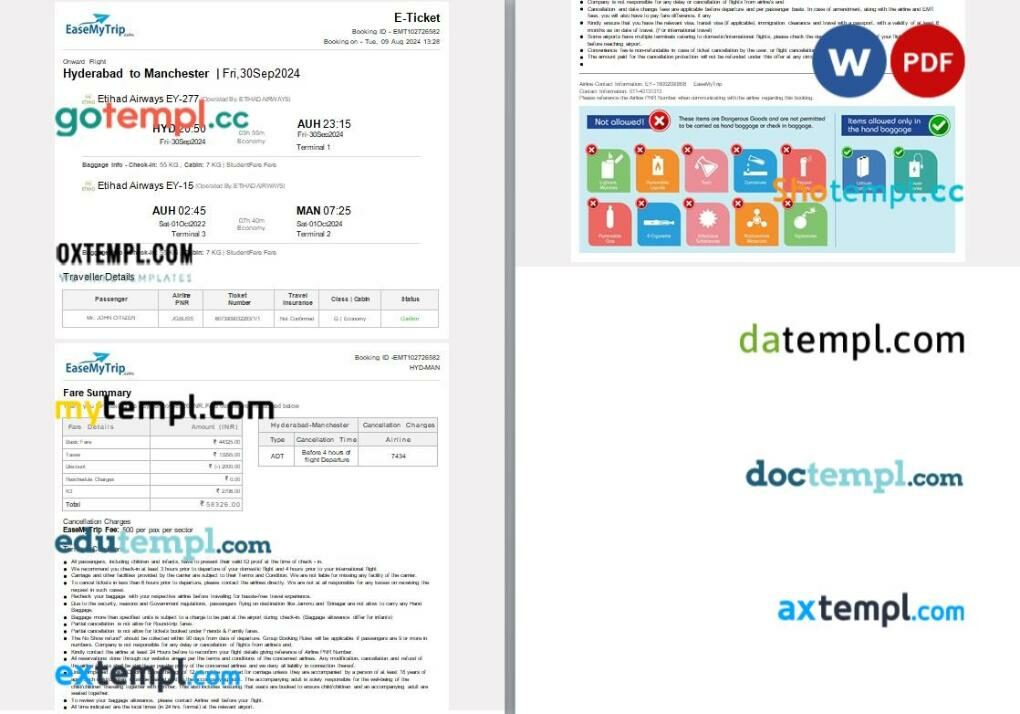 Yeti Airlines airplane e-ticket, Word and PDF download template, 2 pages