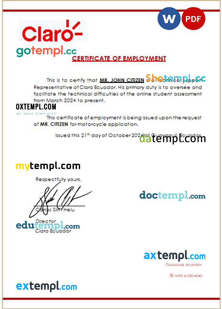 Ecuador Claro certificate of employment Word and PDF download template