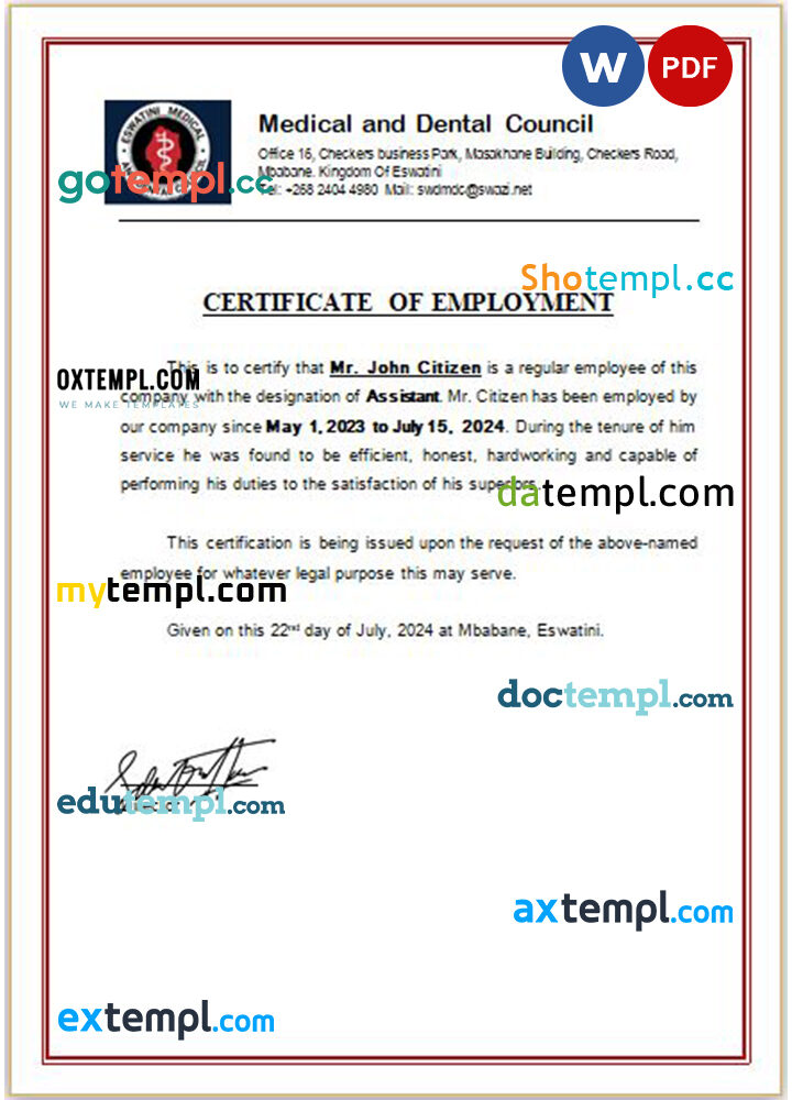 Estonia Medical and Dental Council certificate of employment Word and PDF download template