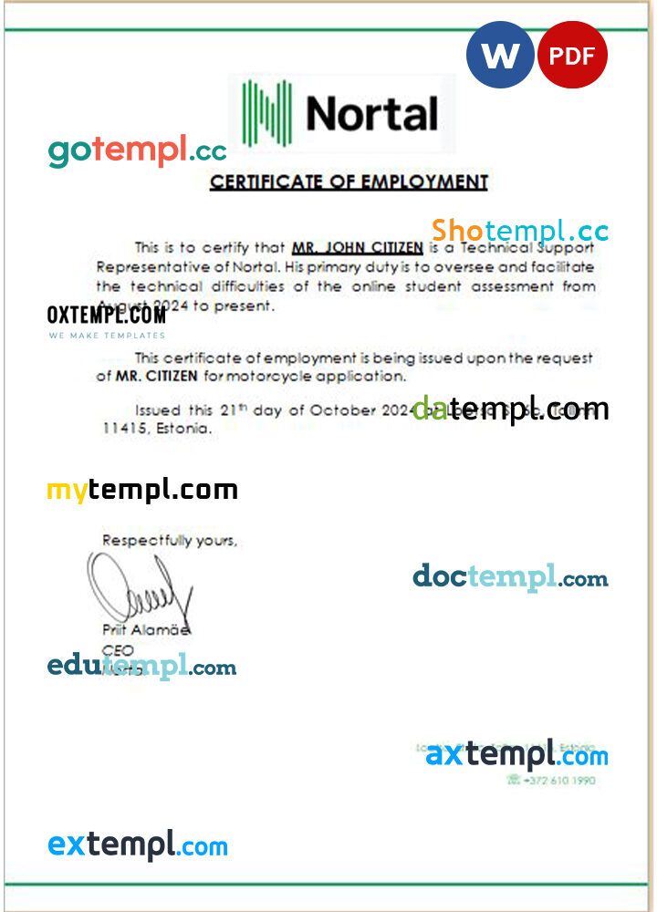 Estonia Nortal certificate of employment Word and PDF download template