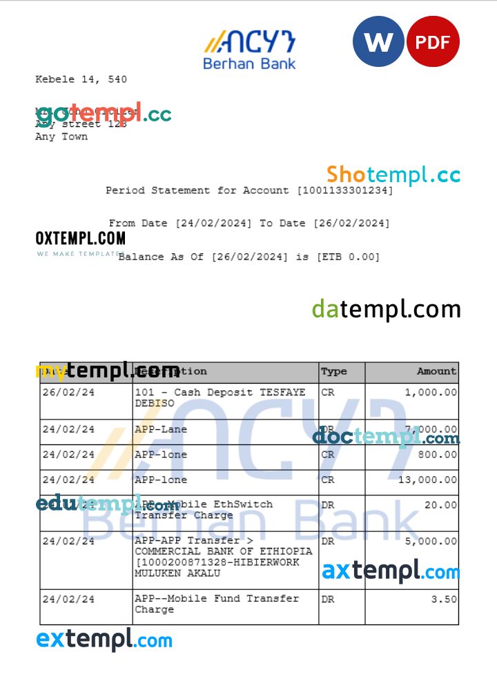 Ethiopia Berhan bank statement Word and PDF template