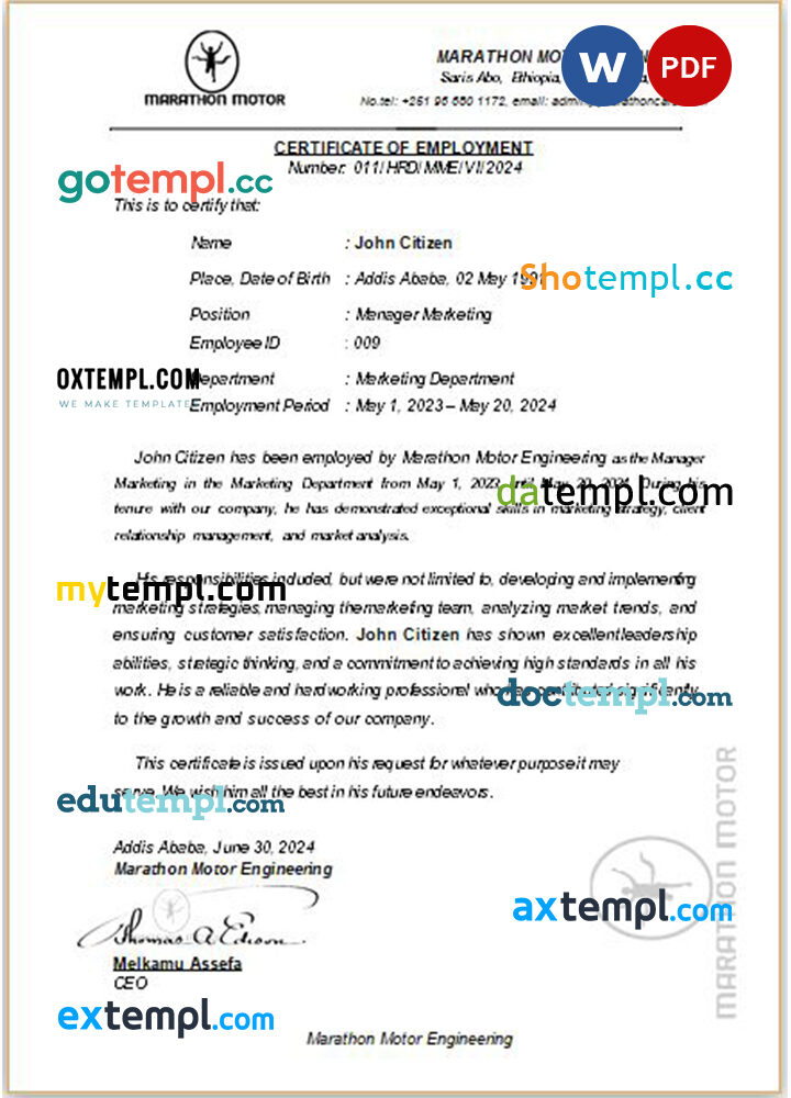 Ethiopia Marathon Motor Engineering certificate of employment Word and PDF download template